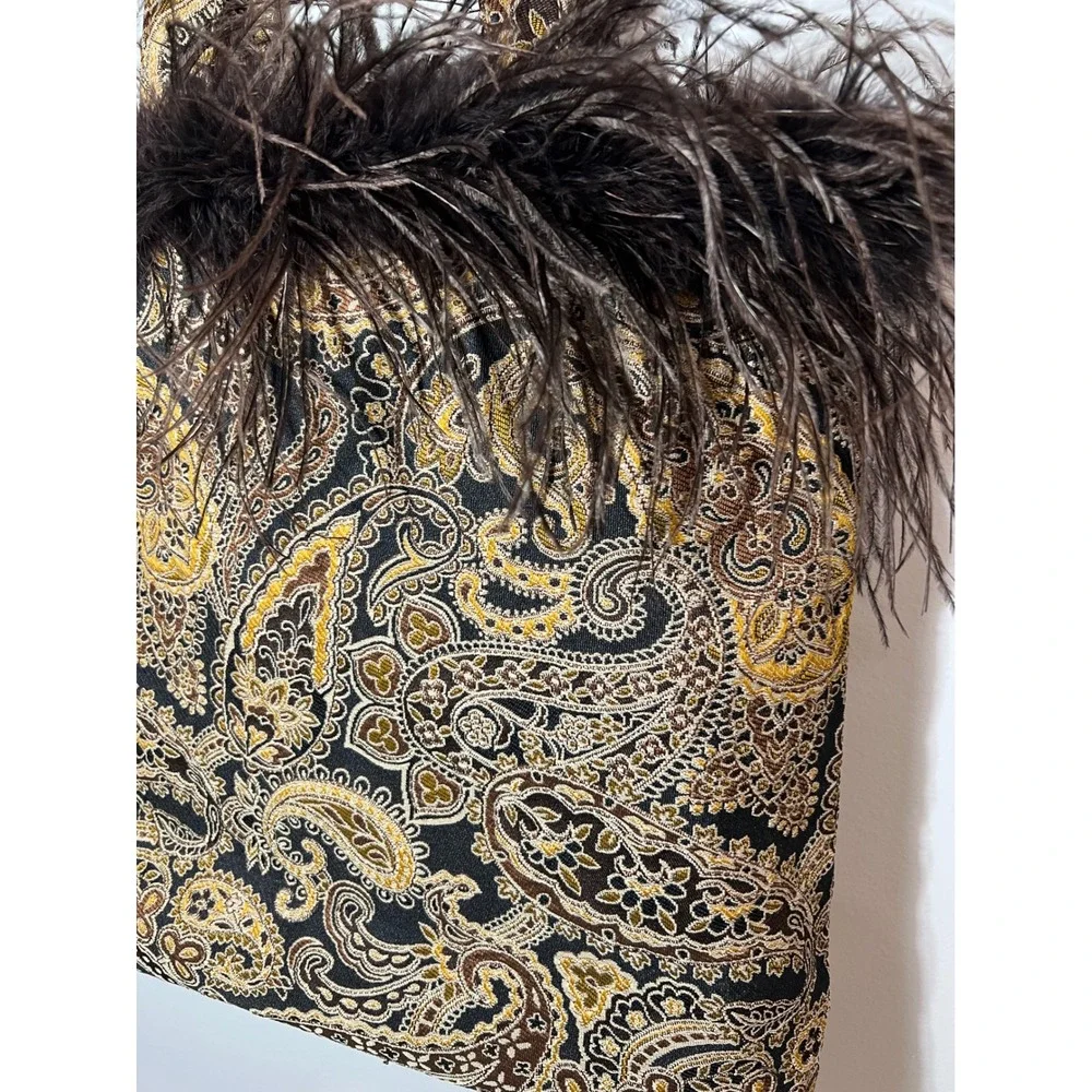 CBK Paisley Feather Tote Bag Brown Gold Tapestry Ostrich Trim Statement Large OS